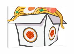 Cartoon takeout box is showing noodles, halved egg, shrimp in flat design on transparent background