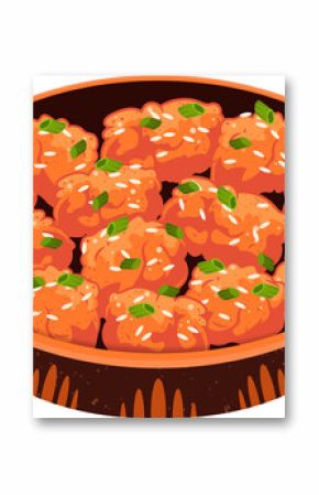 flat design bowl is showing orange rice balls with green onion and sesame, transparent background