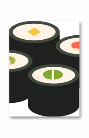 Four flat design sushi rolls are floating on transparent backdrop, showing assorted rice fillings