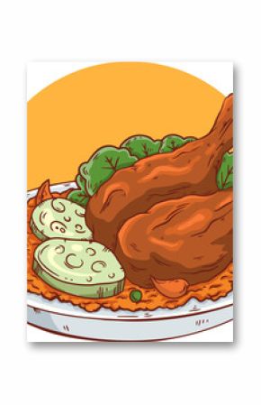 Cartoon illustration is showing drumsticks on rice with lettuce and chili, transparent background
