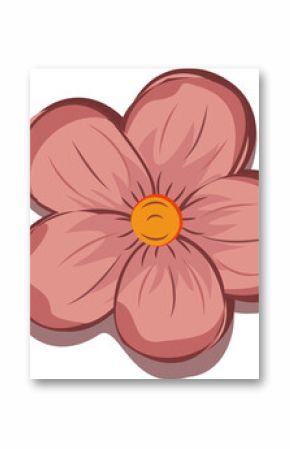 Stylized illustration is showing pink flower with yellow center, green leaves on clear background