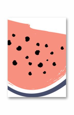 Showing painterly watermelon wedge coral flesh, black seeds, white and slate-gray rind, transparent