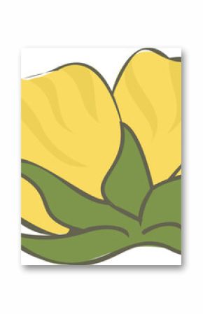 Stylized yellow flower is blooming in flat digital art, with green sepals, transparent background