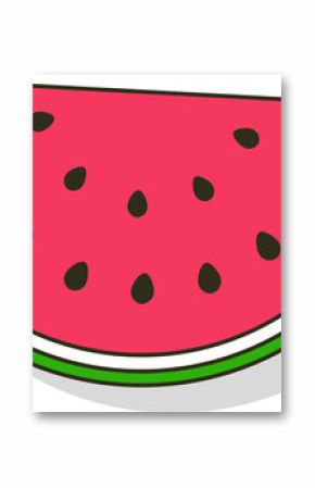 Flat design watermelon slice is floating on transparent background, showing red flesh, black seeds