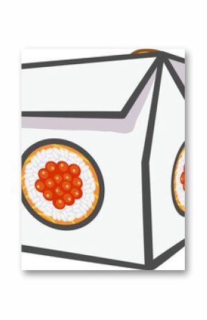 Stylized sushi takeout box is floating on transparent background, showcasing circular sushi motifs
