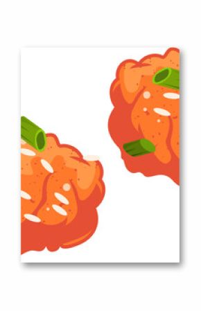 Flat design pair of onigiri are floating on transparent background with green onions, sesame seeds