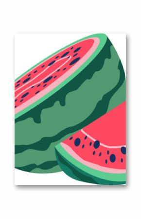 Stylized watermelon flat graphic showing halved melon and wedge with seeds, transparent background