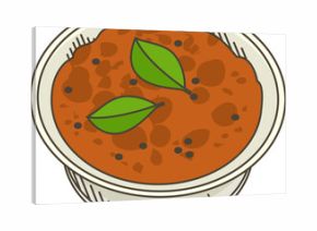 Cartoon-style ceramic bowl is holding red sauce with green leaf garnish on transparent background