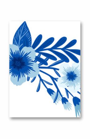 Showing flat design blue floral stems with five-petal flowers, leaves, buds, transparent background