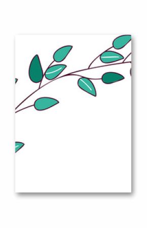 Flat design botanical branch is floating with teal leaves and white veins on transparent background