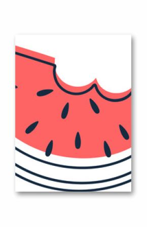 Flat vector watermelon slice biting curved edge, showing seeds, rind stripes on clear background