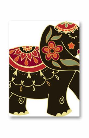Indian folk elephant is featuring mandala motif, red gold olive patterns on transparent background