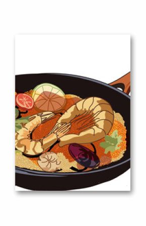 Seafood paella is being shown in flat design with skillet, shrimp, mussels, transparent background