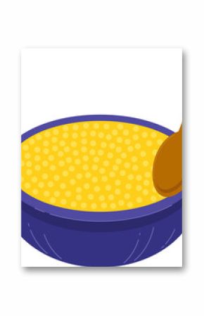 Stylized purple bowl of yellow grains is shaking on transparent background with wooden spoon