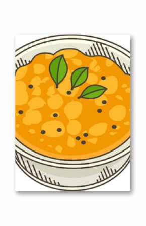 Showing isolated vector-style bowl with orange curry, green leaf garnish and black dots, copy space
