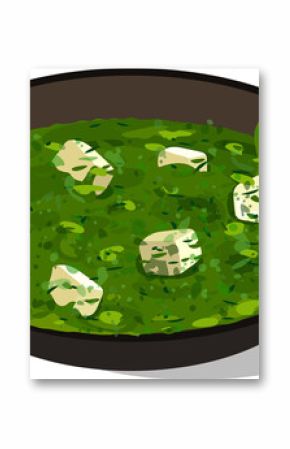 Flat design bowl of green soup is showing tofu cubes and herb leaves on transparent background