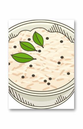 Showing cartoon bowl holding rice with peppercorn dots and three green leaves, transparent backdrop