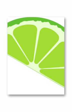 Stylized lime wedge is floating against transparent backdrop, showcasing segmented rind and flesh