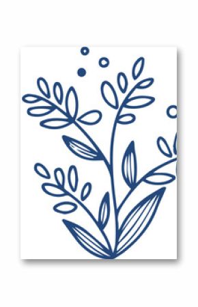 Stylized botanical sprig is showing slender stems, leaves and dot accents on transparent background