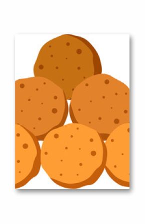 Flat design showing six round biscuits with chocolate spots forming pyramid on transparent backdrop