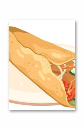 Cartoon tortilla wrap is showing veggies on plate, sauce drizzle, sparkles on transparent backdrop