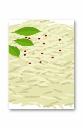 Flat illustration is showing rice pile with green leaves and red pepper on transparent background