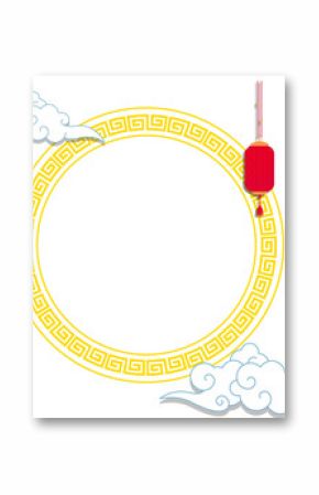 golden Chinese flat style frame is floating on transparent background, lanterns, clouds, copy space