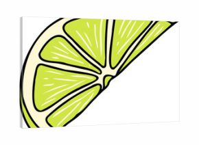 Stylized lime wedge is showing curved rind and segmented pulp in vector art on transparent backdrop