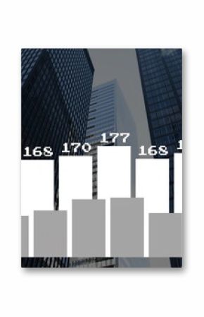 Displaying reflective glass towers ascending in business district, with frosted bar chart overlay