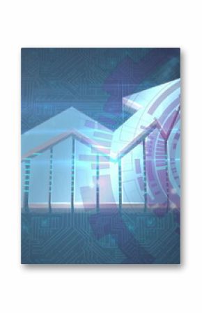 Displaying 3D metallic bar chart climbing amid neon-blue circuit lines, with upward arrow