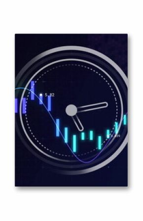 Displaying circular analog clock overlaying dashboard, with bar charts, line charts and data labels