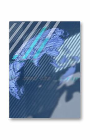 Showing rotating 3D digital globe over analytics dashboard, with grid lines and bar chart Apr–Sep