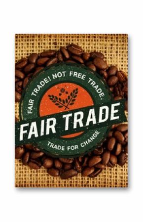 circular fair trade badge is resting in flat style on burlap surface, surrounded by coffee beans