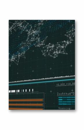 Flat tech dashboard is showing network nodes, histogram and bar charts, line chart and code labels