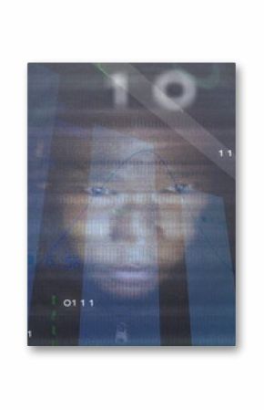 Overlaying adult male face over high-tech data interface, with bar charts, arrow, binary streams
