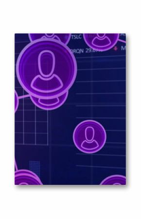 Displaying avatar network on dashboard, with purple icons, pink lines, grid overlays and bar charts