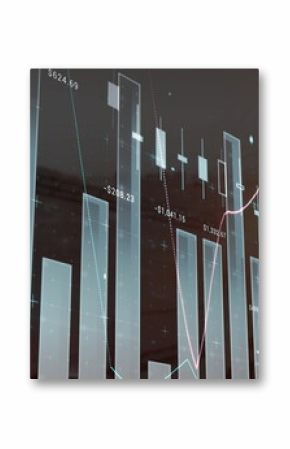 Translucent 3D bar chart showing floating numeric labels in digital panel, with colored trend lines