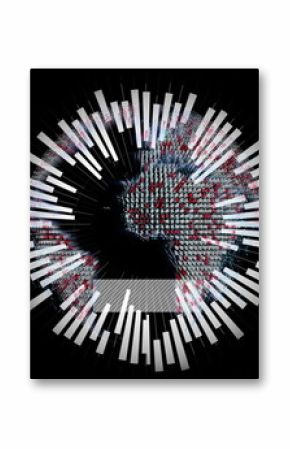 Spinning digital globe showing pixel clusters with radiating bars in dark space, with progress bar