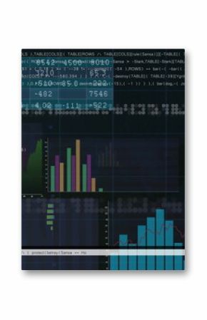 Displaying dashboard combining code with bar, pie and line charts on computer UI with overlays