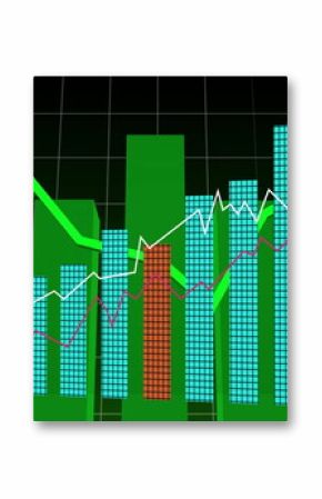 Displaying 3D blue and red bar columns on green blocks, white grid lines, colored line graphs