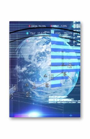 Central Earth globe rotating on dashboard, with bar charts, line graphs, code and reticles