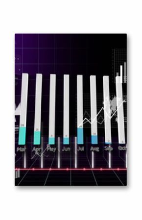 3D bar graph presenting monthly data in virtual interface, with line overlay and floating panels