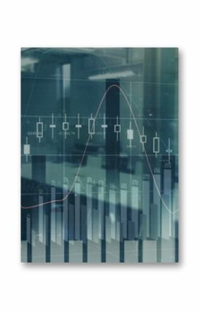 Displaying financial data overlay over desks in office, with bar charts, candlesticks, price trends
