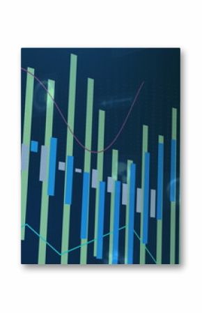 Displaying vertical bar and line charts on data screen, featuring binary code, gear and globe icons