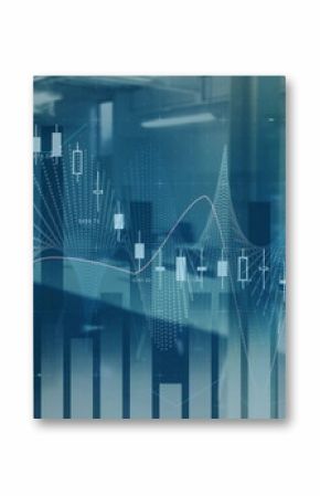 Displaying transparent overlays covering glass office with candlestick charts bar graphs and waves