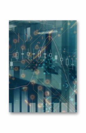 Displaying data overlay with bar graphs, candlestick charts and network nodes in open-plan office