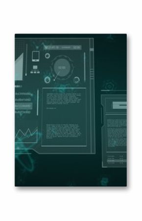 Displaying digital dashboard panels in virtual command center, with bar charts and globe