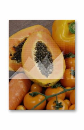 Showing carrots, papaya halves, bell pepper and cherry tomatoes on wooden table, with data overlays
