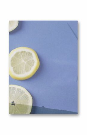 Arranging six lemon slices forming cluster on smooth pale blue plane, with wind turbine silhouette