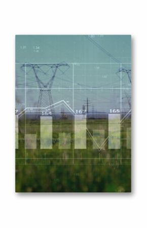 Displaying pylon standing in grassland with cables and bar-chart and line-graph overlay, copy space